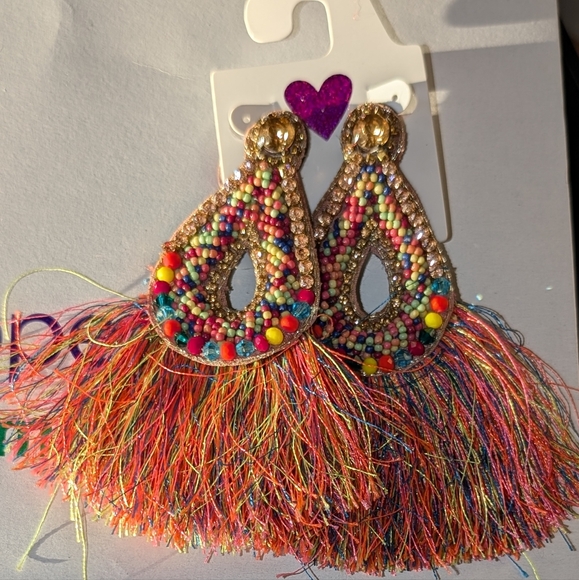 Exotic Multi Color Rhinestone Fringe Earrings - Picture 5 of 6